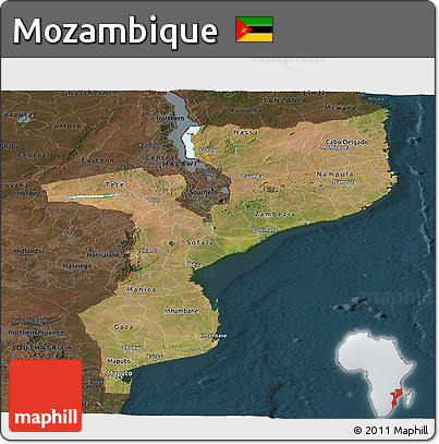 Satellite Panoramic Map of Mozambique, darken