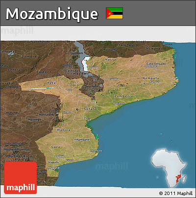 Satellite Panoramic Map of Mozambique, darken, land only