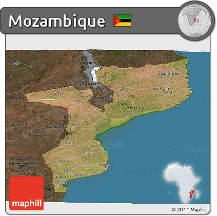 Satellite Panoramic Map of Mozambique, darken, land only