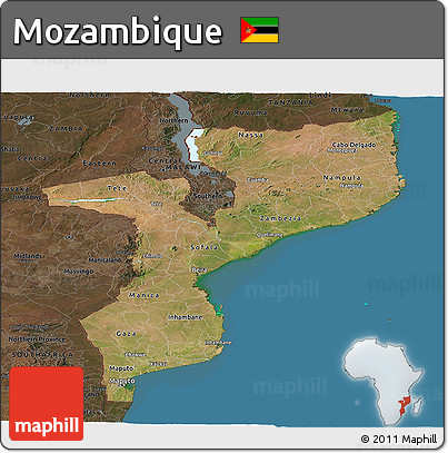 Satellite Panoramic Map of Mozambique, darken, land only