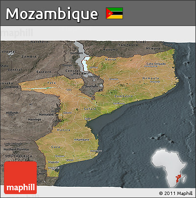 Satellite Panoramic Map of Mozambique, darken, semi-desaturated