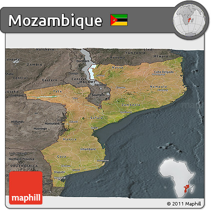 Satellite Panoramic Map of Mozambique, darken, semi-desaturated