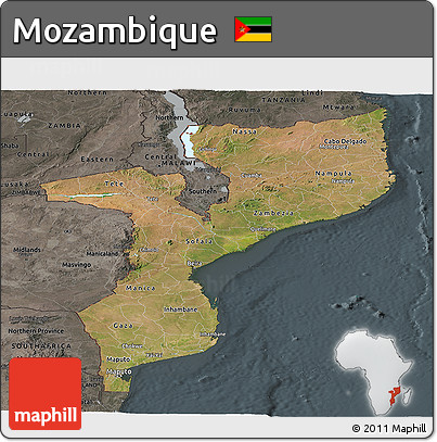 Satellite Panoramic Map of Mozambique, darken, semi-desaturated