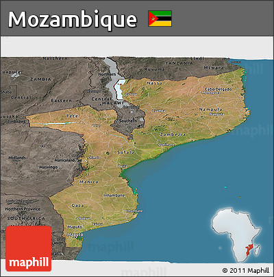 Satellite Panoramic Map of Mozambique, darken, semi-desaturated, land only