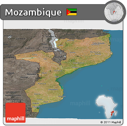 Satellite Panoramic Map of Mozambique, darken, semi-desaturated, land only