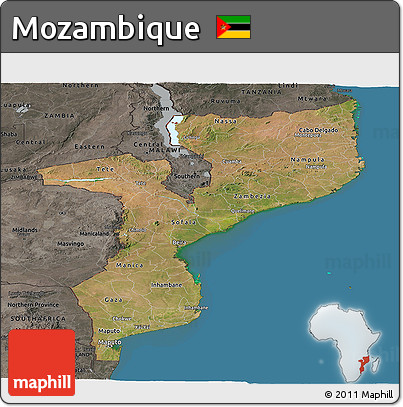 Satellite Panoramic Map of Mozambique, darken, semi-desaturated, land only