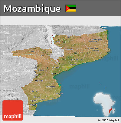 Satellite Panoramic Map of Mozambique, lighten, desaturated, land only
