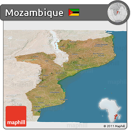 Satellite Panoramic Map of Mozambique, lighten, land only