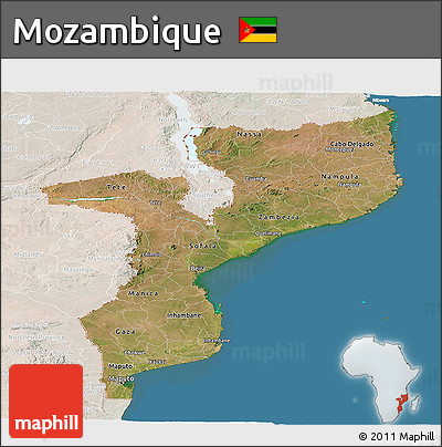 Satellite Panoramic Map of Mozambique, lighten, land only