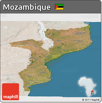 Satellite Panoramic Map of Mozambique, lighten, land only