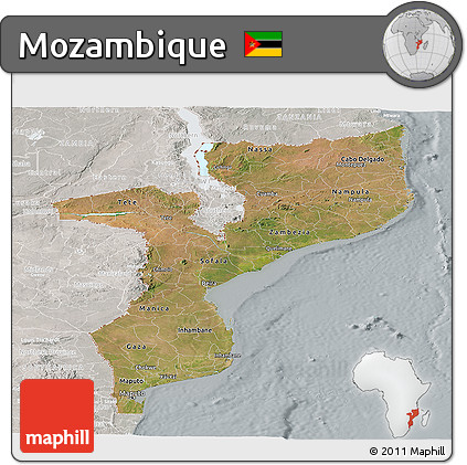 Satellite Panoramic Map of Mozambique, lighten, semi-desaturated