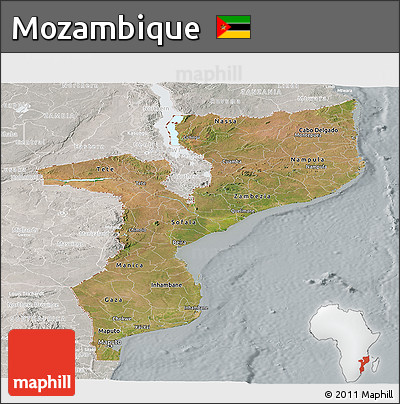 Satellite Panoramic Map of Mozambique, lighten, semi-desaturated