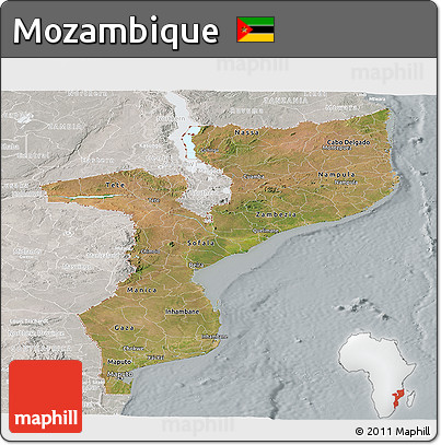 Satellite Panoramic Map of Mozambique, lighten, semi-desaturated