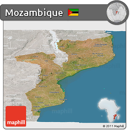 Satellite Panoramic Map of Mozambique, lighten, semi-desaturated, land only