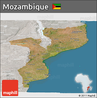 Satellite Panoramic Map of Mozambique, lighten, semi-desaturated, land only