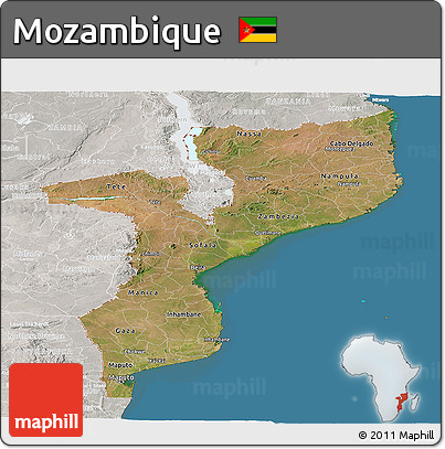 Satellite Panoramic Map of Mozambique, lighten, semi-desaturated, land only