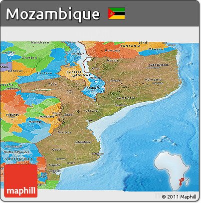 Satellite Panoramic Map of Mozambique, political outside