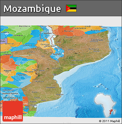 Satellite Panoramic Map of Mozambique, political outside