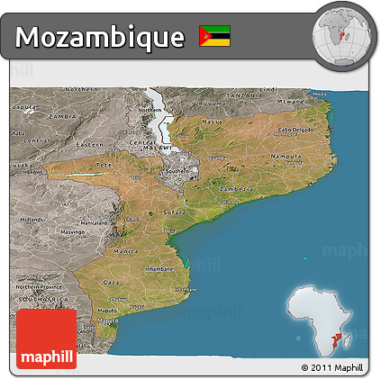 Satellite Panoramic Map of Mozambique, semi-desaturated, land only