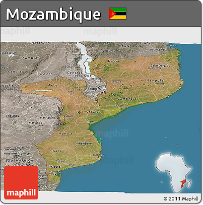 Satellite Panoramic Map of Mozambique, semi-desaturated, land only