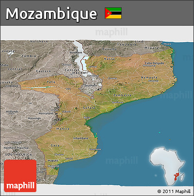 Satellite Panoramic Map of Mozambique, semi-desaturated, land only