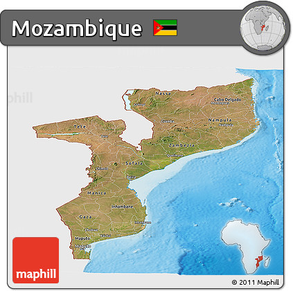 Satellite Panoramic Map of Mozambique, single color outside, shaded relief sea
