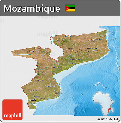 Satellite Panoramic Map of Mozambique, single color outside, shaded relief sea