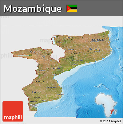 Satellite Panoramic Map of Mozambique, single color outside, shaded relief sea