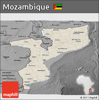 Shaded Relief Panoramic Map of Mozambique, darken, desaturated