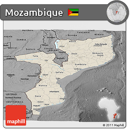 Shaded Relief Panoramic Map of Mozambique, darken, desaturated