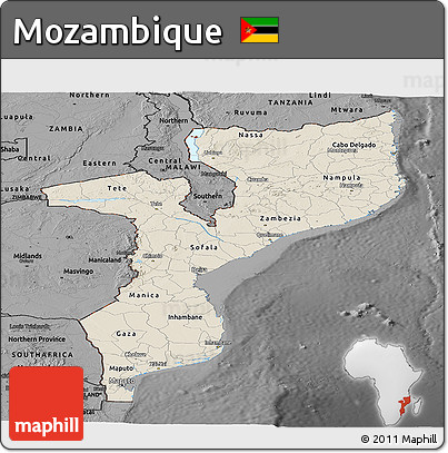 Shaded Relief Panoramic Map of Mozambique, darken, desaturated