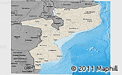 Shaded Relief Panoramic Map of Mozambique, darken, desaturated, land only