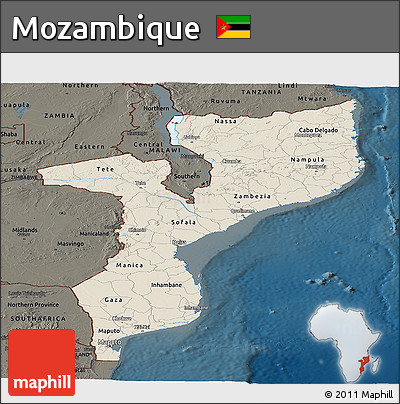 Shaded Relief Panoramic Map of Mozambique, darken