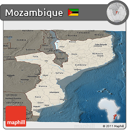 Shaded Relief Panoramic Map of Mozambique, darken