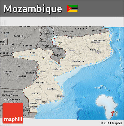 Shaded Relief Panoramic Map of Mozambique, darken, semi-desaturated, land only
