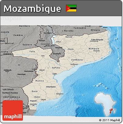 Shaded Relief Panoramic Map of Mozambique, darken, semi-desaturated, land only
