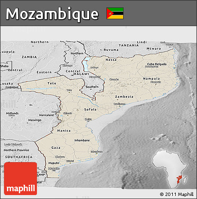 Shaded Relief Panoramic Map of Mozambique, desaturated