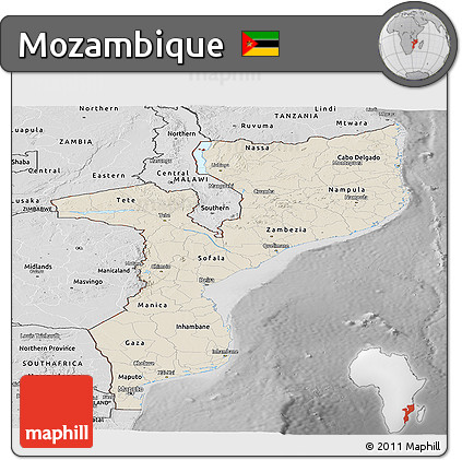 Shaded Relief Panoramic Map of Mozambique, desaturated