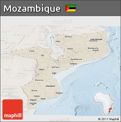 Shaded Relief Panoramic Map of Mozambique, lighten