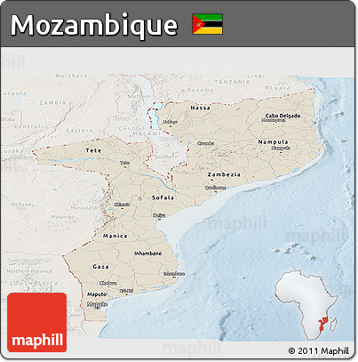 Shaded Relief Panoramic Map of Mozambique, lighten