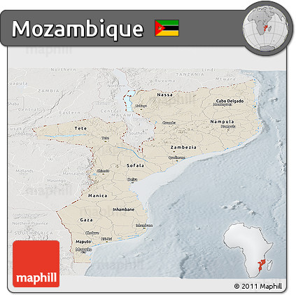 Shaded Relief Panoramic Map of Mozambique, lighten, semi-desaturated