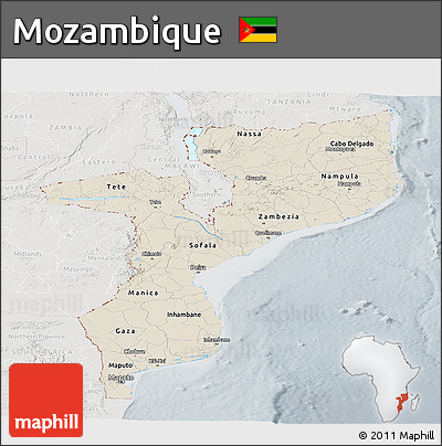 Shaded Relief Panoramic Map of Mozambique, lighten, semi-desaturated