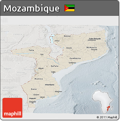 Shaded Relief Panoramic Map of Mozambique, lighten, semi-desaturated