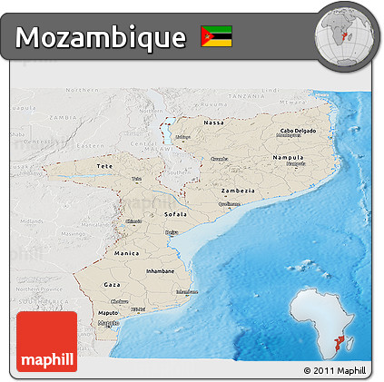 Shaded Relief Panoramic Map of Mozambique, lighten, semi-desaturated, land only