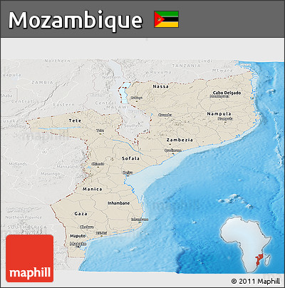 Shaded Relief Panoramic Map of Mozambique, lighten, semi-desaturated, land only