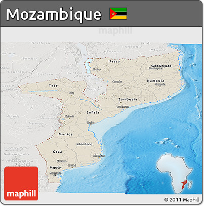 Shaded Relief Panoramic Map of Mozambique, lighten, semi-desaturated, land only