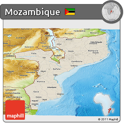 Shaded Relief Panoramic Map of Mozambique, physical outside