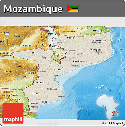 Shaded Relief Panoramic Map of Mozambique, physical outside