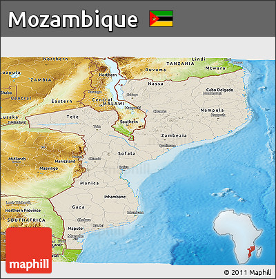 Shaded Relief Panoramic Map of Mozambique, physical outside