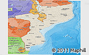 Shaded Relief Panoramic Map of Mozambique, political shades outside